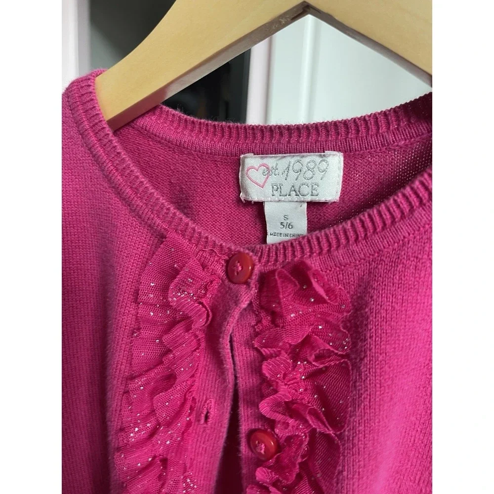 The Children's Place Girls Pink Cardigan Sweater S‎ 5/6 Ruffle Glitter